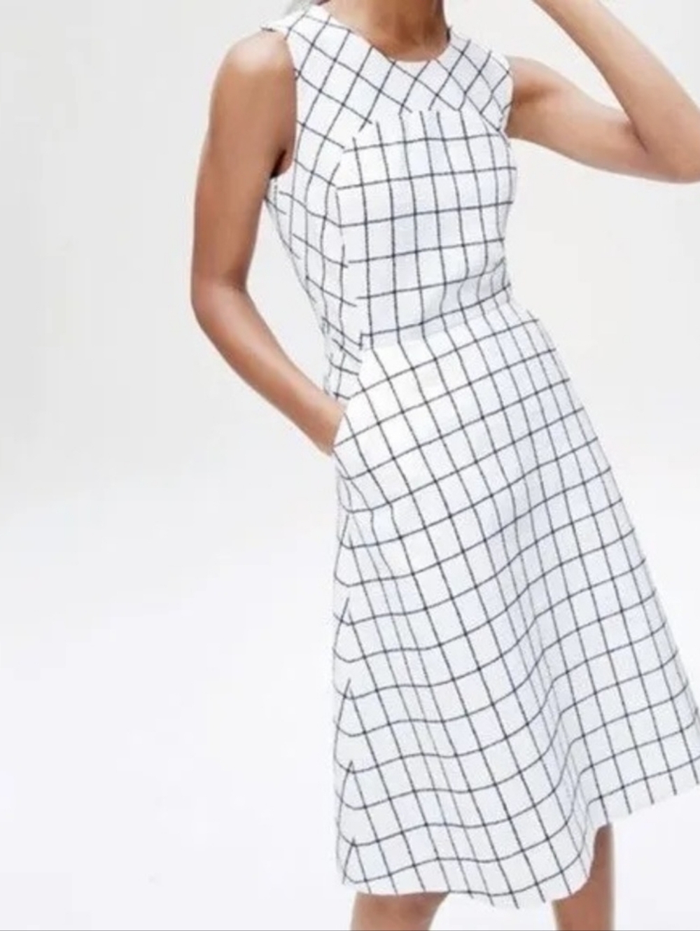 J Crew White Midi Dress with Black Windowpane